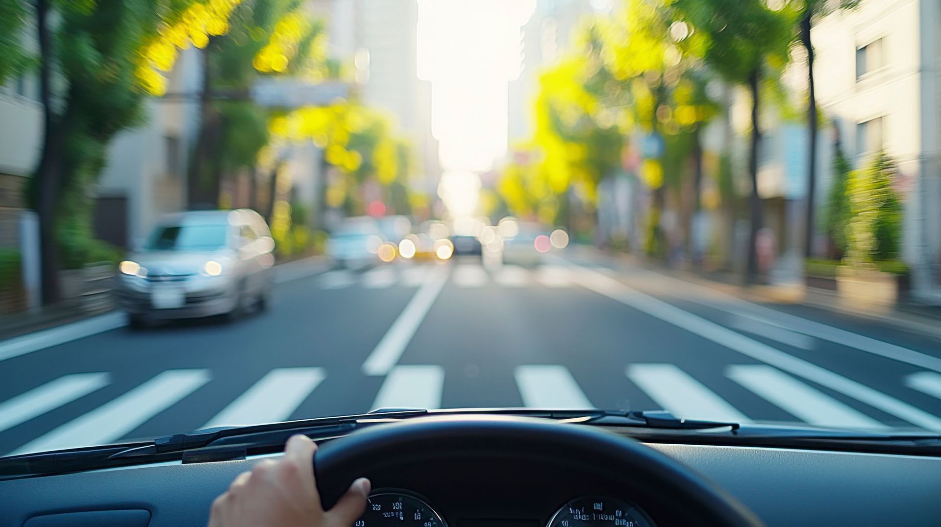Vue du conducteur depuis le volant, sur une rue ensoleillée et arborée avec un passage piéton.