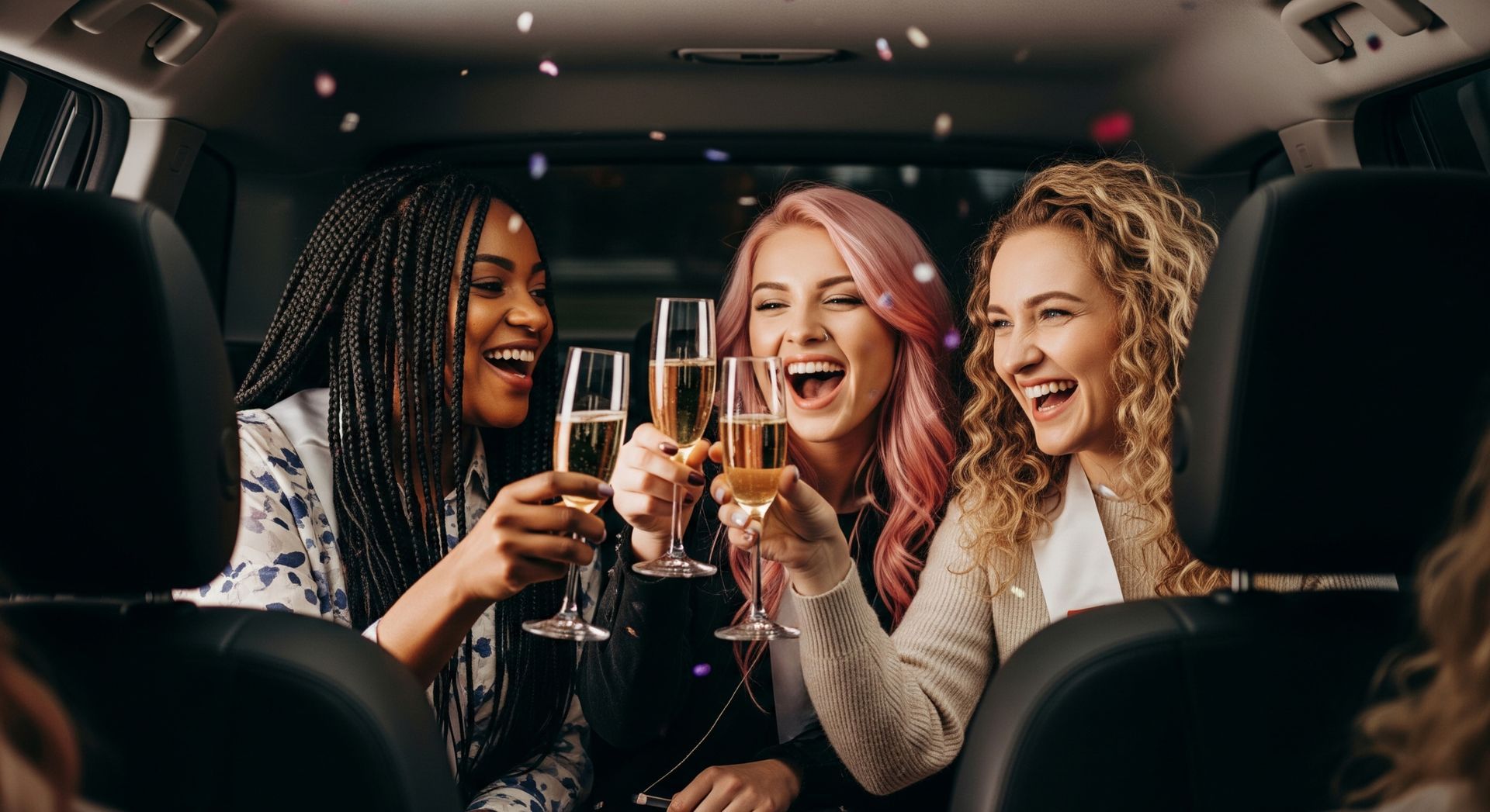 Trois amis rient et trinquent avec des coupes de champagne à l'intérieur d'une voiture.