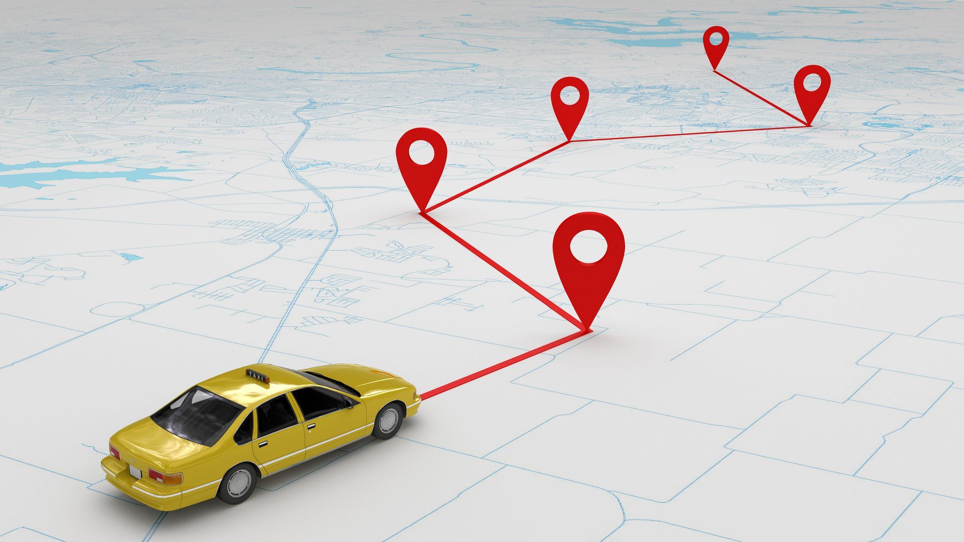 Un taxi jaune circule le long d'une ligne rouge reliant une série de marqueurs de localisation rouges sur un fond de carte stylisé et pâle.