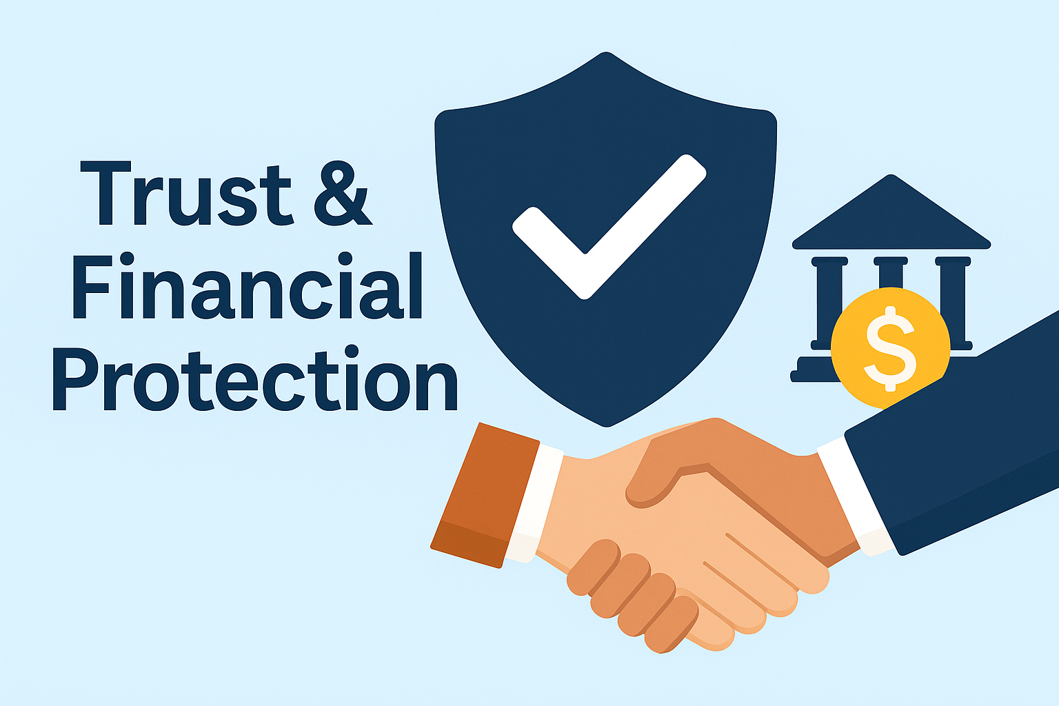 Illustration of hands shaking, with a shield and checkmark, a bank, and the words 