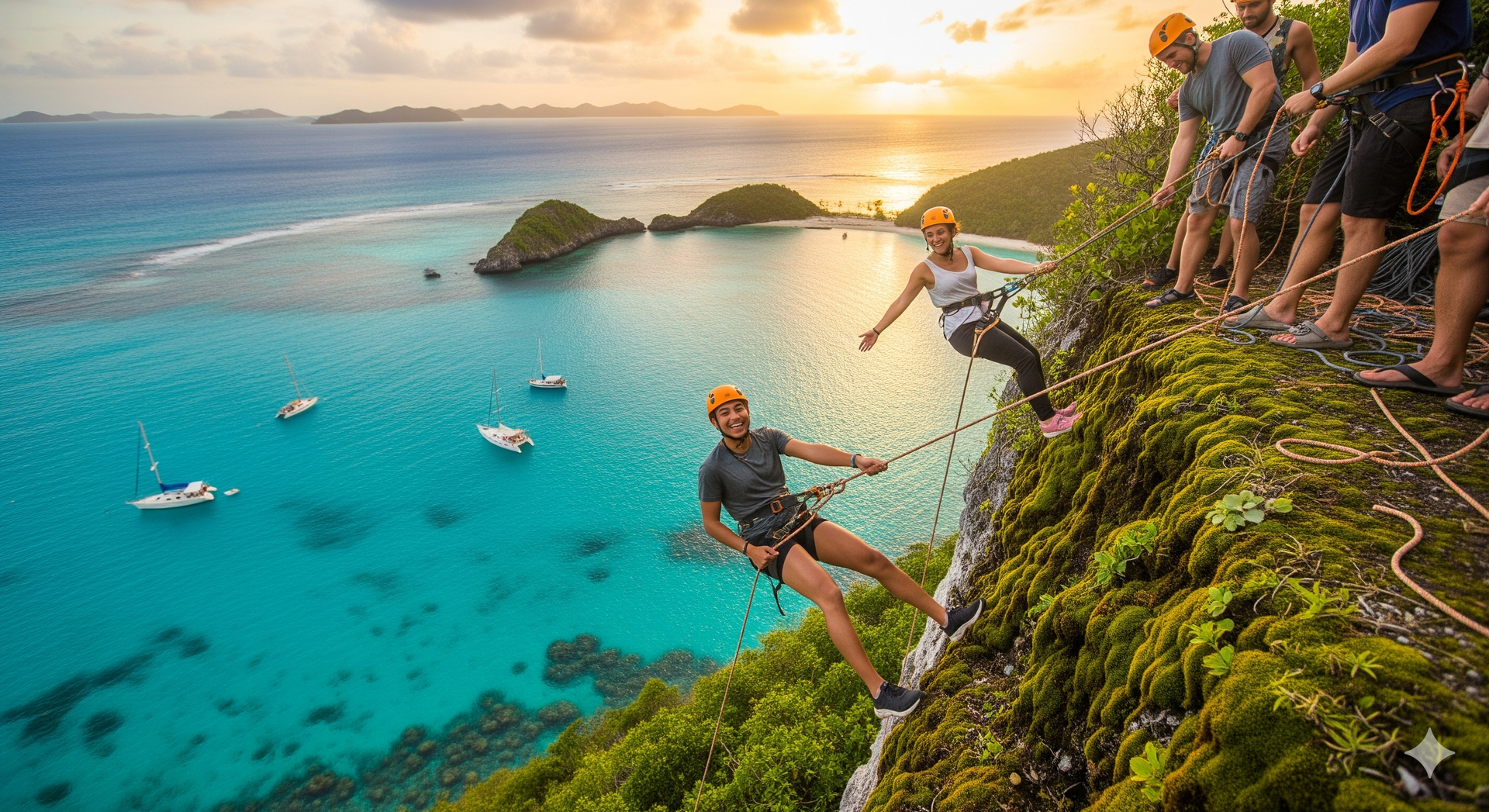 People zip-lining near a cliff overlooking a turquoise ocean, boats, and islands at sunset.