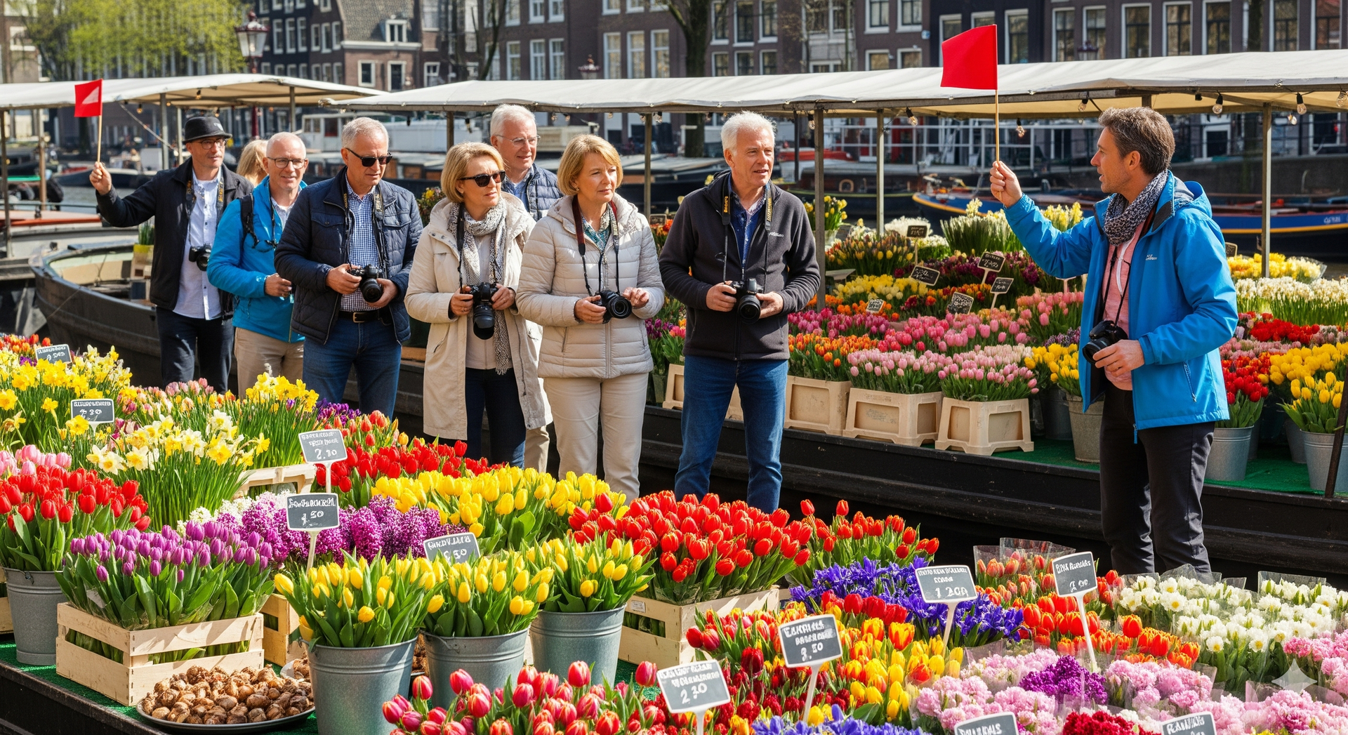 Tourists at a flower market in Amsterdam, guided by a person holding a red flag. Colourful flowers.