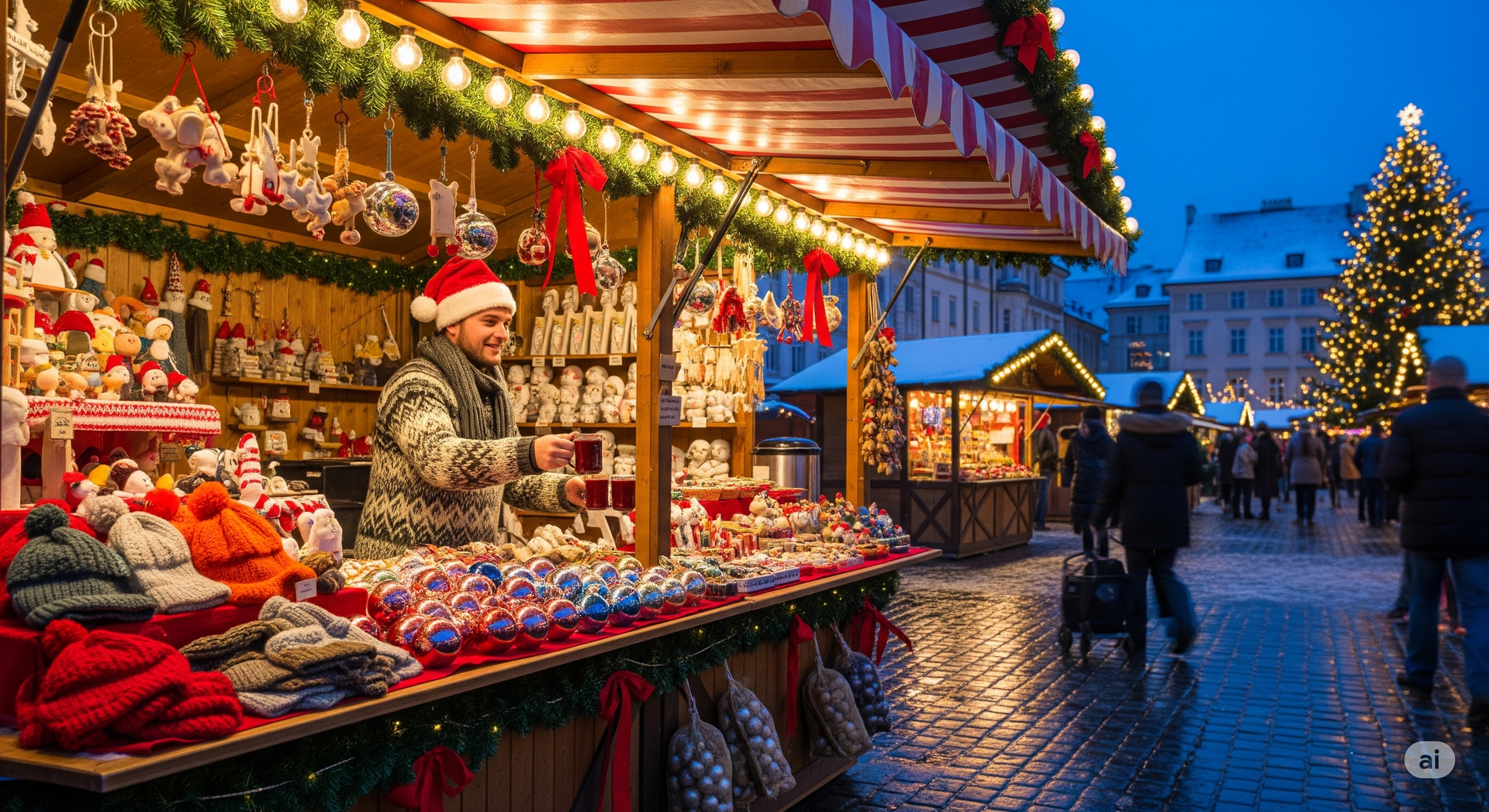 Christmas market stall with a vendor in a Santa hat, selling ornaments and gifts under a canopy decorated with lights and garlands.