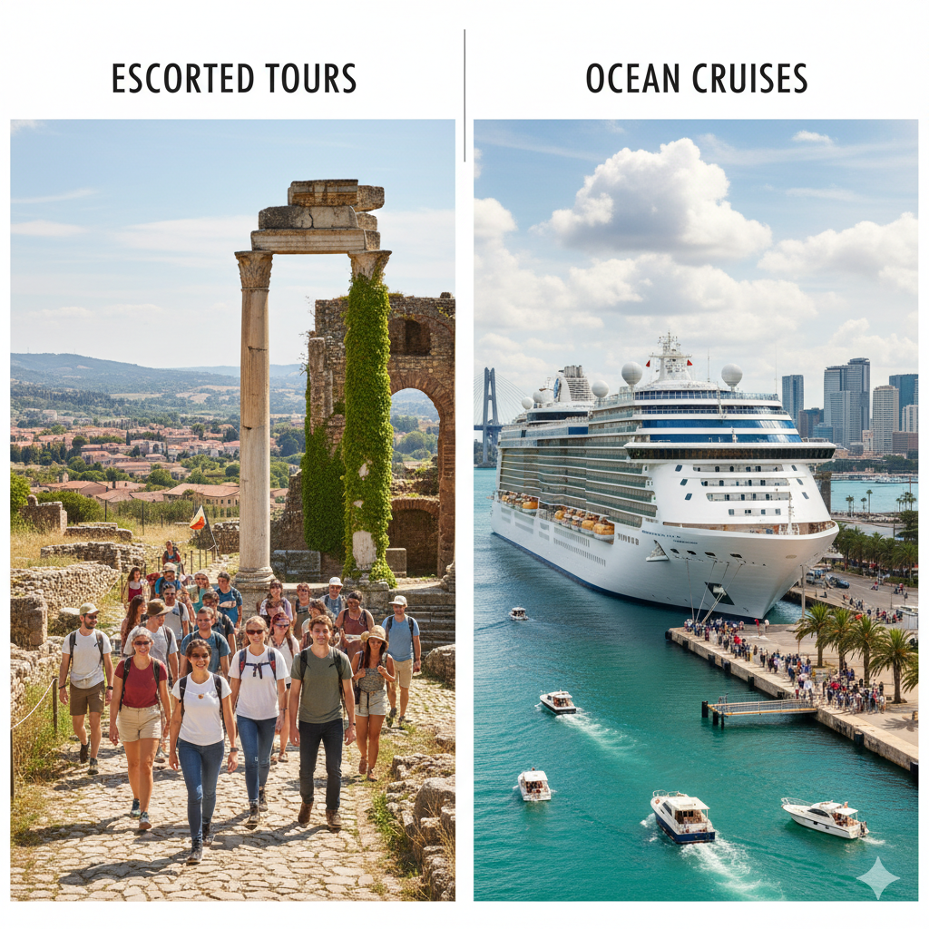 Escorted tour group walks by ancient ruins. Ocean cruise ship docked in harbor.