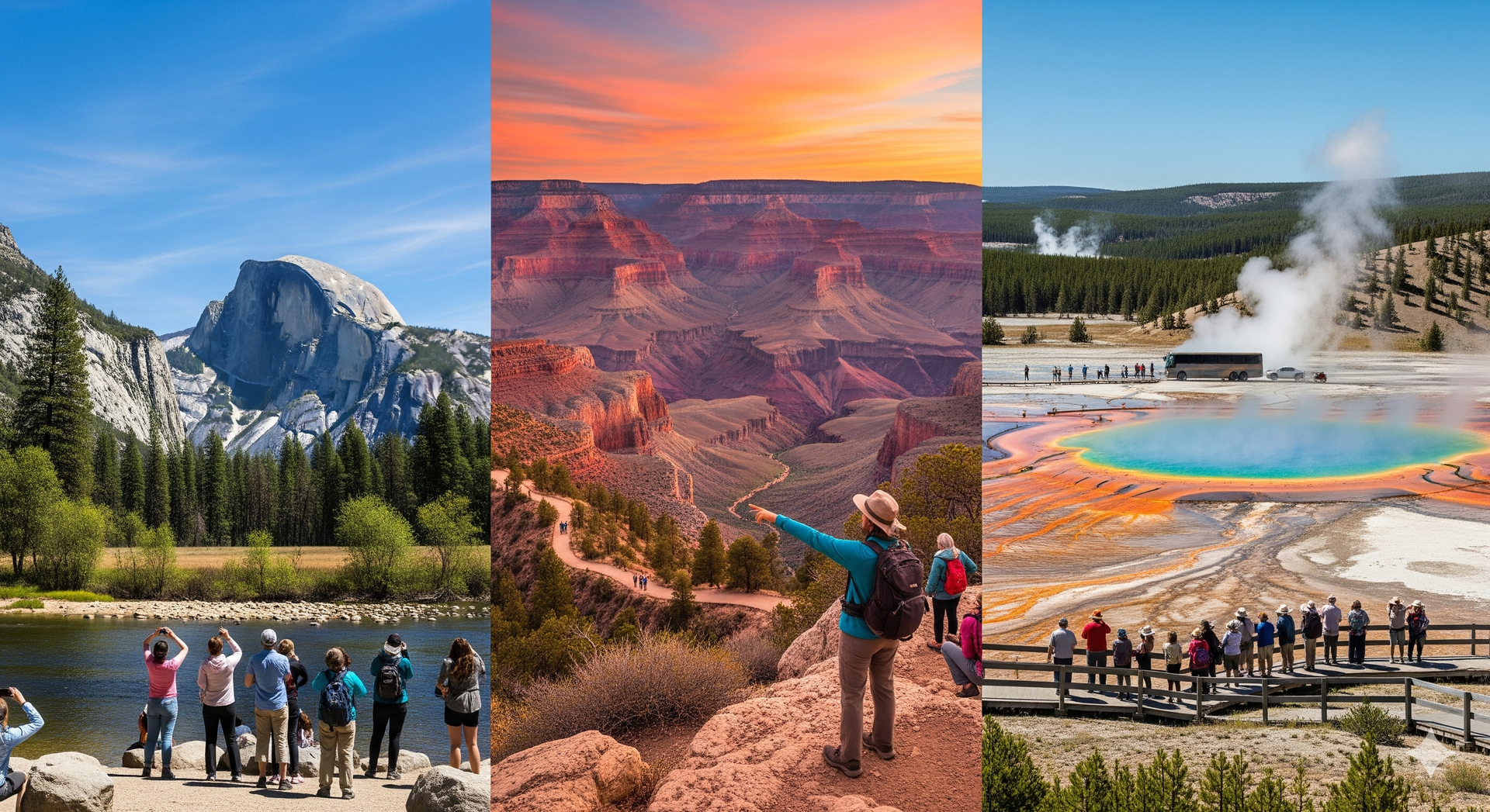 Yosemite, Grand Canyon, and Yellowstone National Parks landscapes. People viewing nature scenes.