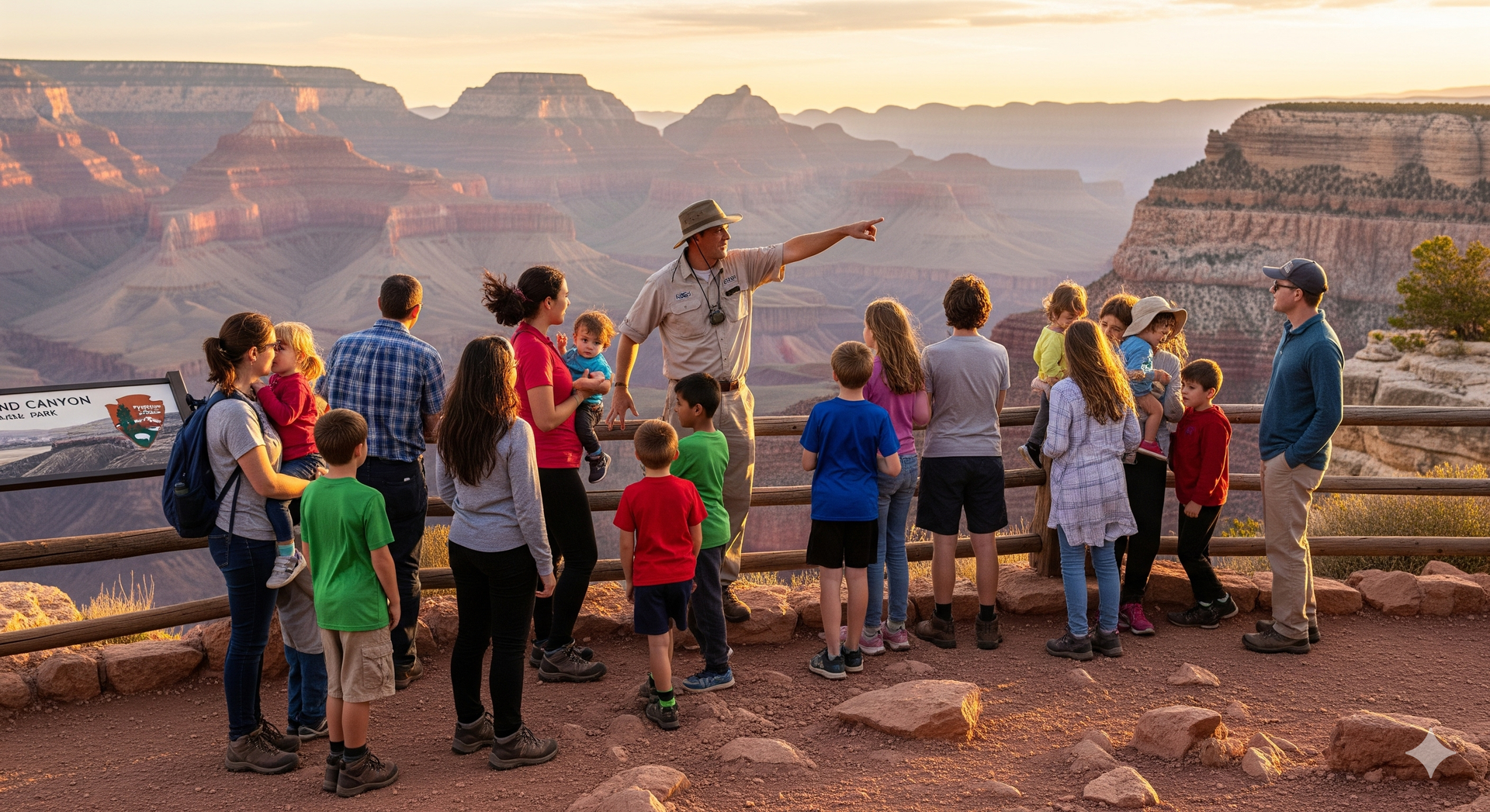 A park ranger points at the Grand Canyon to a group of children and adults, sunset glow, Arizona.