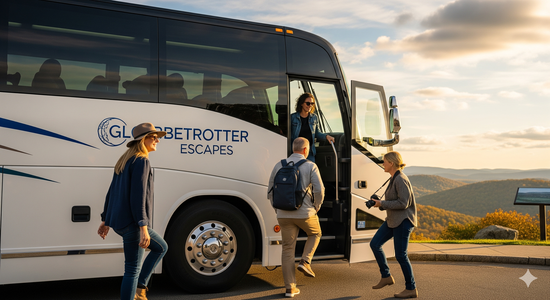 People exiting a Globetrotter Escapes tour bus overlooking a scenic mountain view.