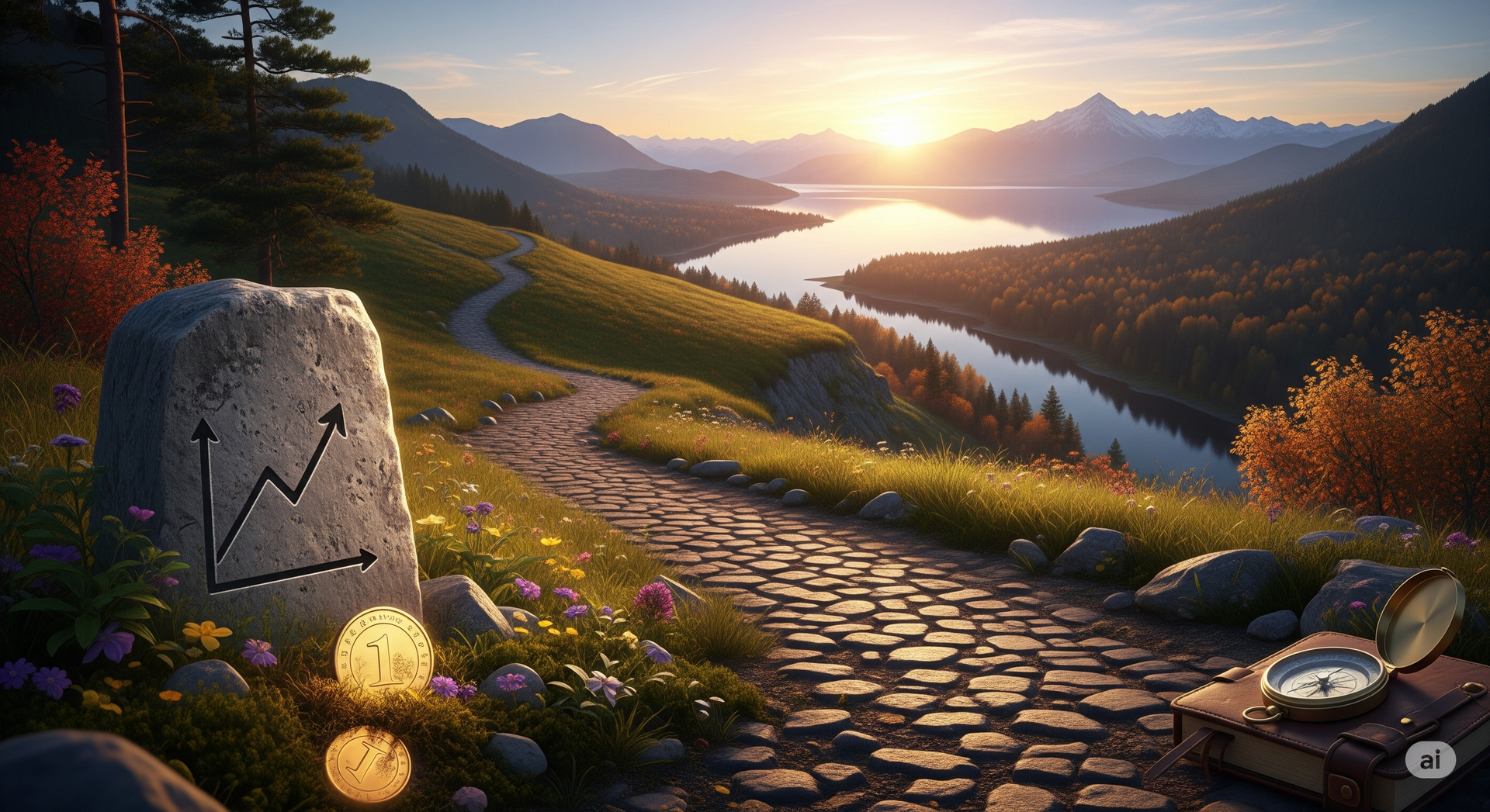 A path leading to a lake in the mountains with a compass in the foreground.