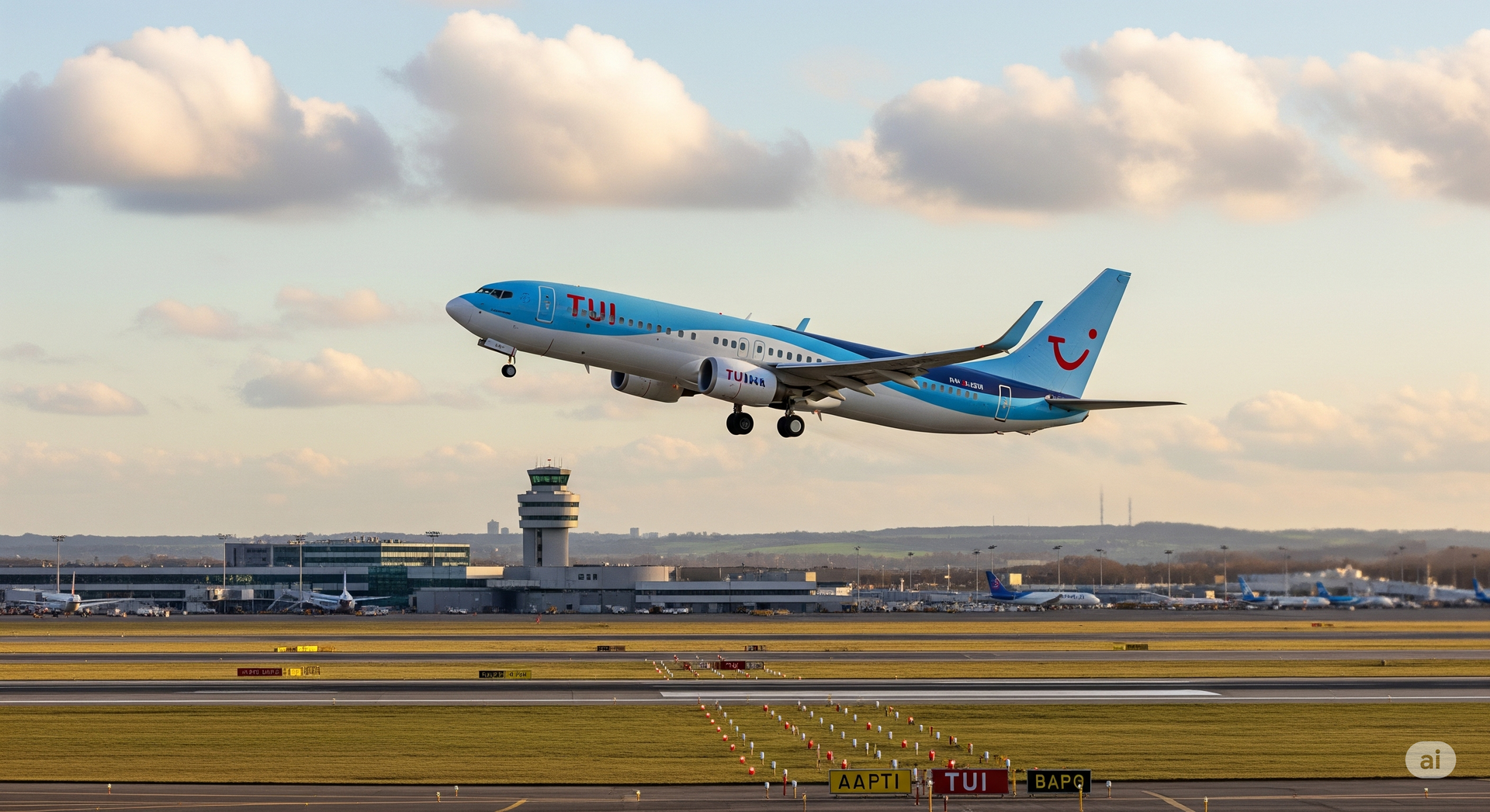 A large  Tpassenger jet is taking off from an airport ru