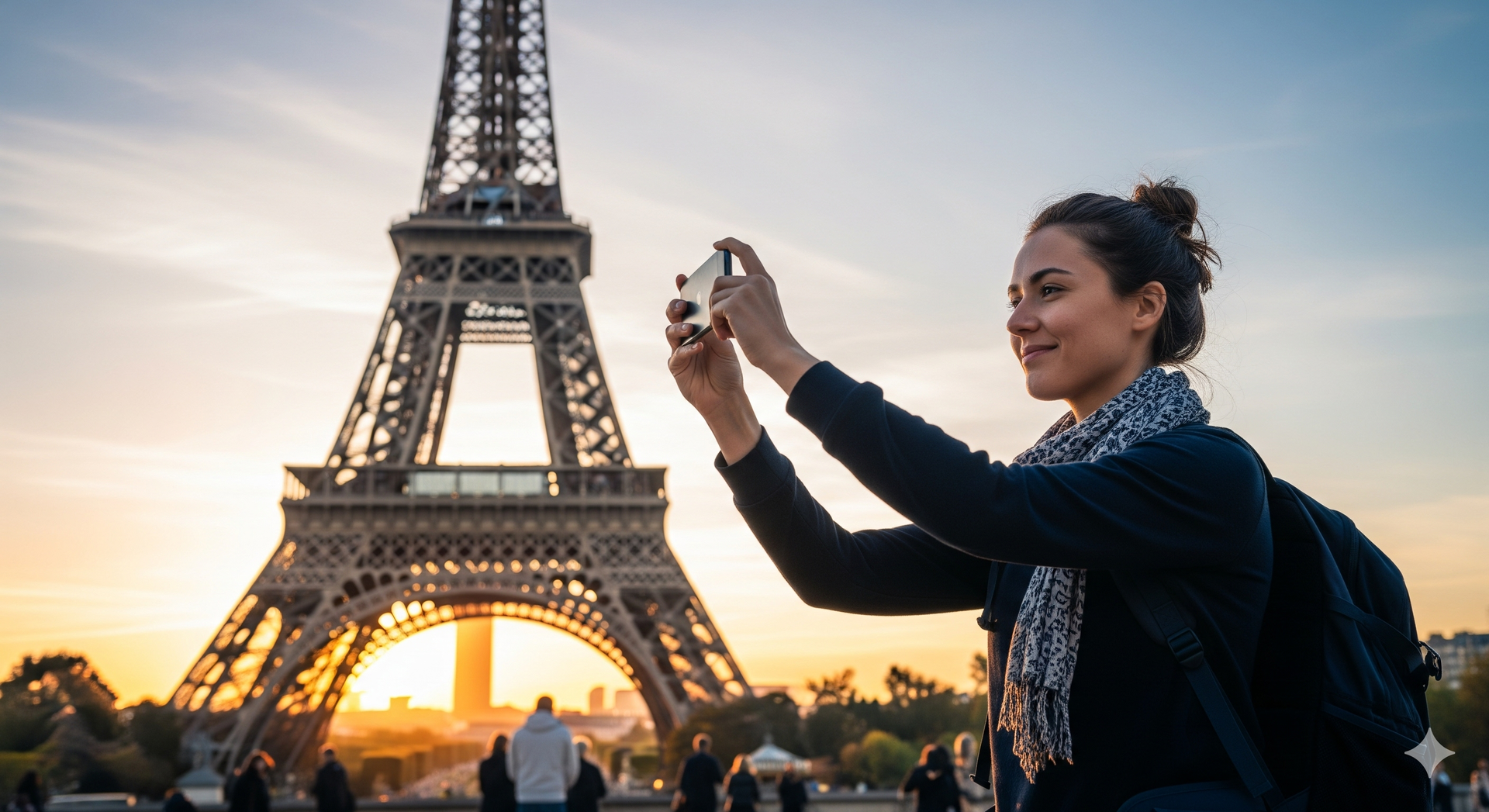 Woman taking photo of the Eiffel Tower at sunset in Paris.