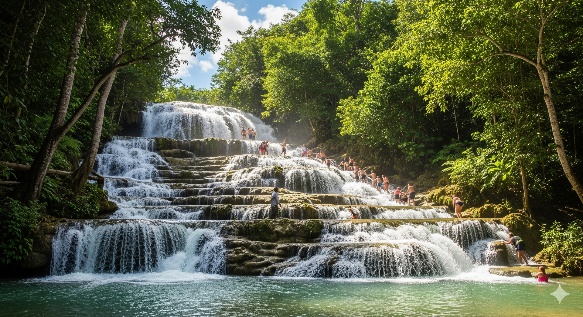 Multi-tiered waterfall cascading into a turquoise pool, surrounded by lush green trees; people swim and stand on the tiers.