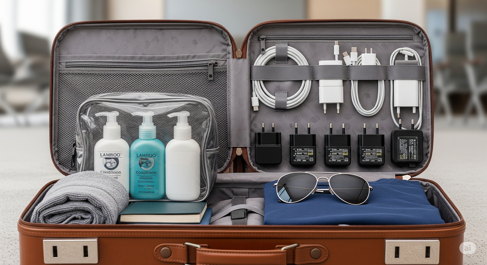 Don't forget your toothbrush! A brown suitcase filled with clothes , sunglasses , chargers and bottles of lotion.