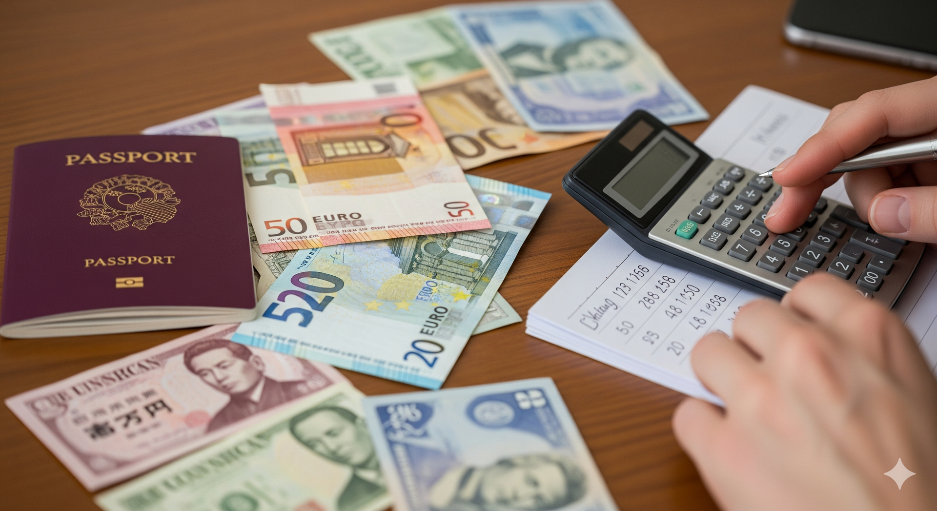 A person using a calculator to calculate currency for travel with a passport, money, and paper.