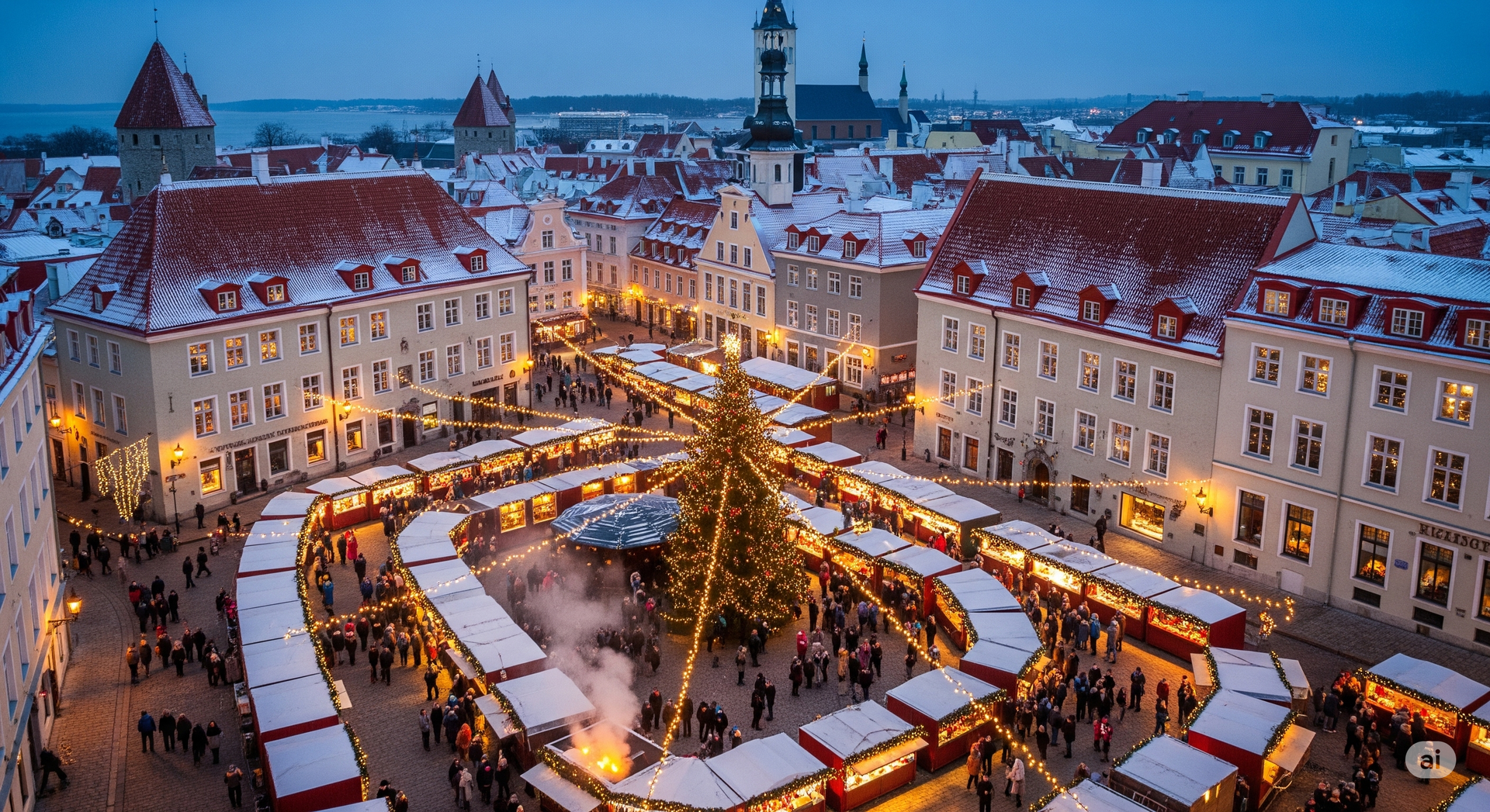 Christmas market in Tallinn, Estonia. People browse stalls circling a decorated Christmas tree in a snow-covered square with historic buildings.