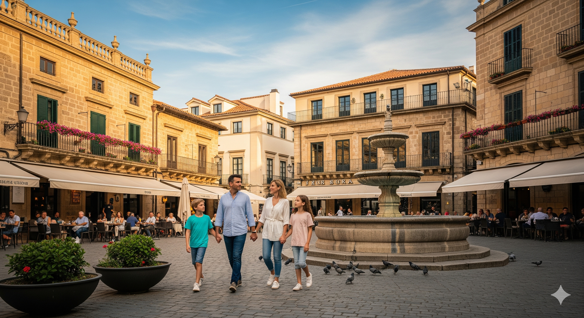 Family walking in a European plaza, fountain, outdoor seating, old buildings, sunny day.