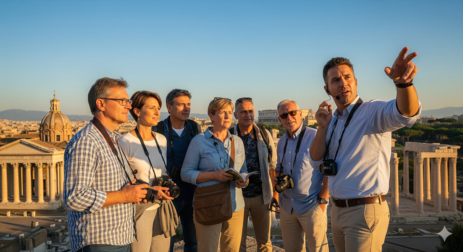 Tour guide pointing at structures in Athens, Greece; group of tourists looking on.