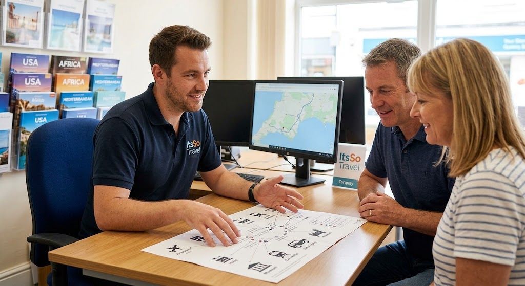Three people reviewing maps and plans at a table in a bright travel agency