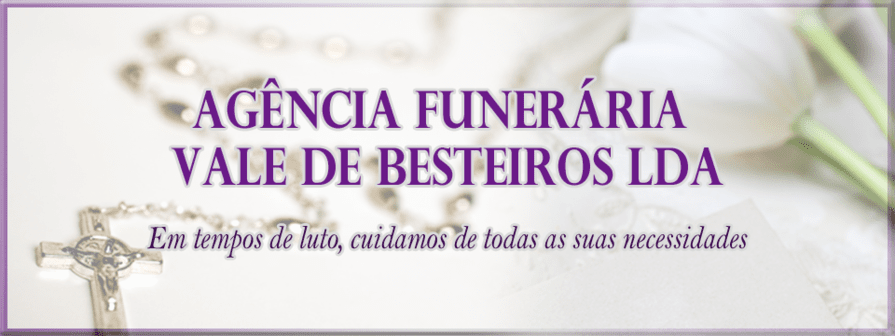 Anúncio de funerária com texto em roxo, apresentando uma cruz e um rosário, com uma flor branca ao fundo.
