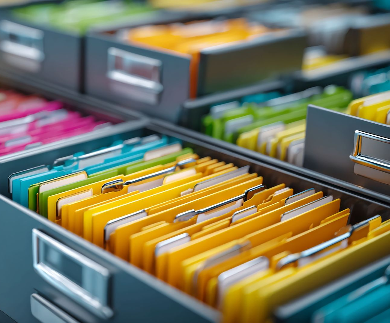 Étagère avec des boîtes en carton remplies de dossiers.