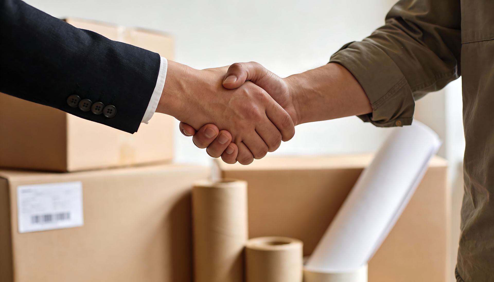 Deux personnes se serrant la main, des boîtes et du papier roulé en arrière-plan.