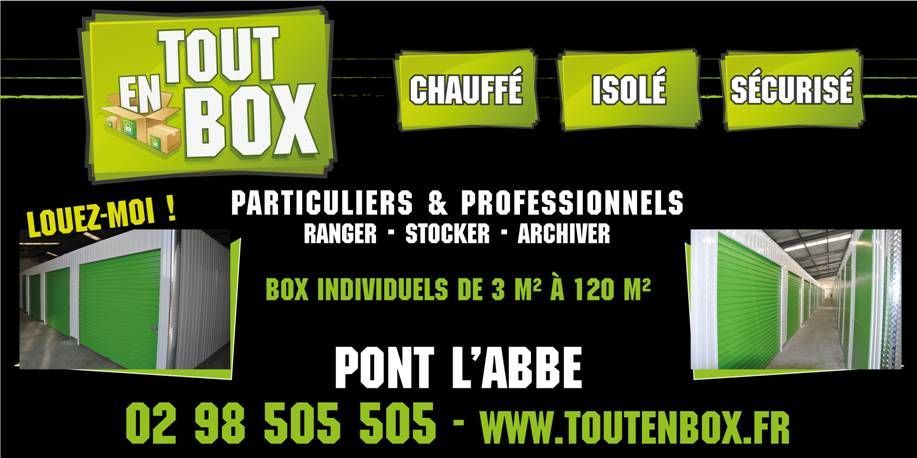 Bâtiment orné du logo Tout Box et d'illustrations d'unités de stockage. Site web et numéro de téléphone inclus.
