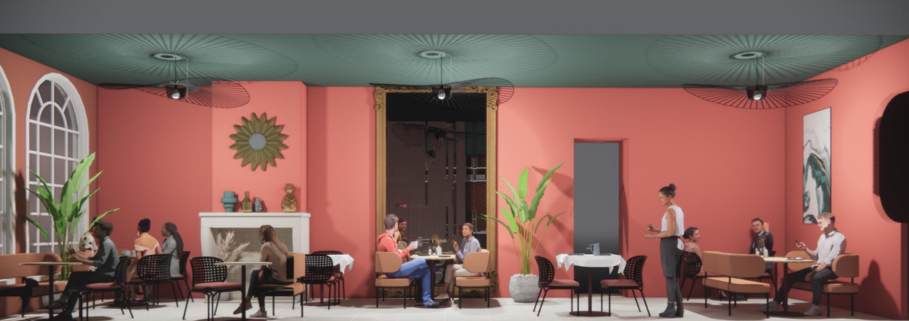 Een hotelkamer met een bed, decoratief hoofdeinde en een grote kamerplant. Groene muren, beige beddengoed en een balkondeur.