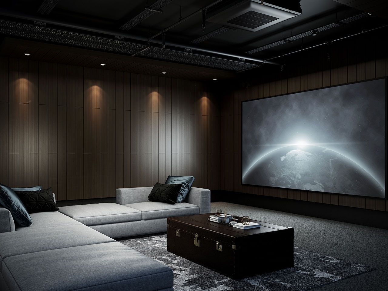 Salle de cinéma privée avec un gigantesque canapé