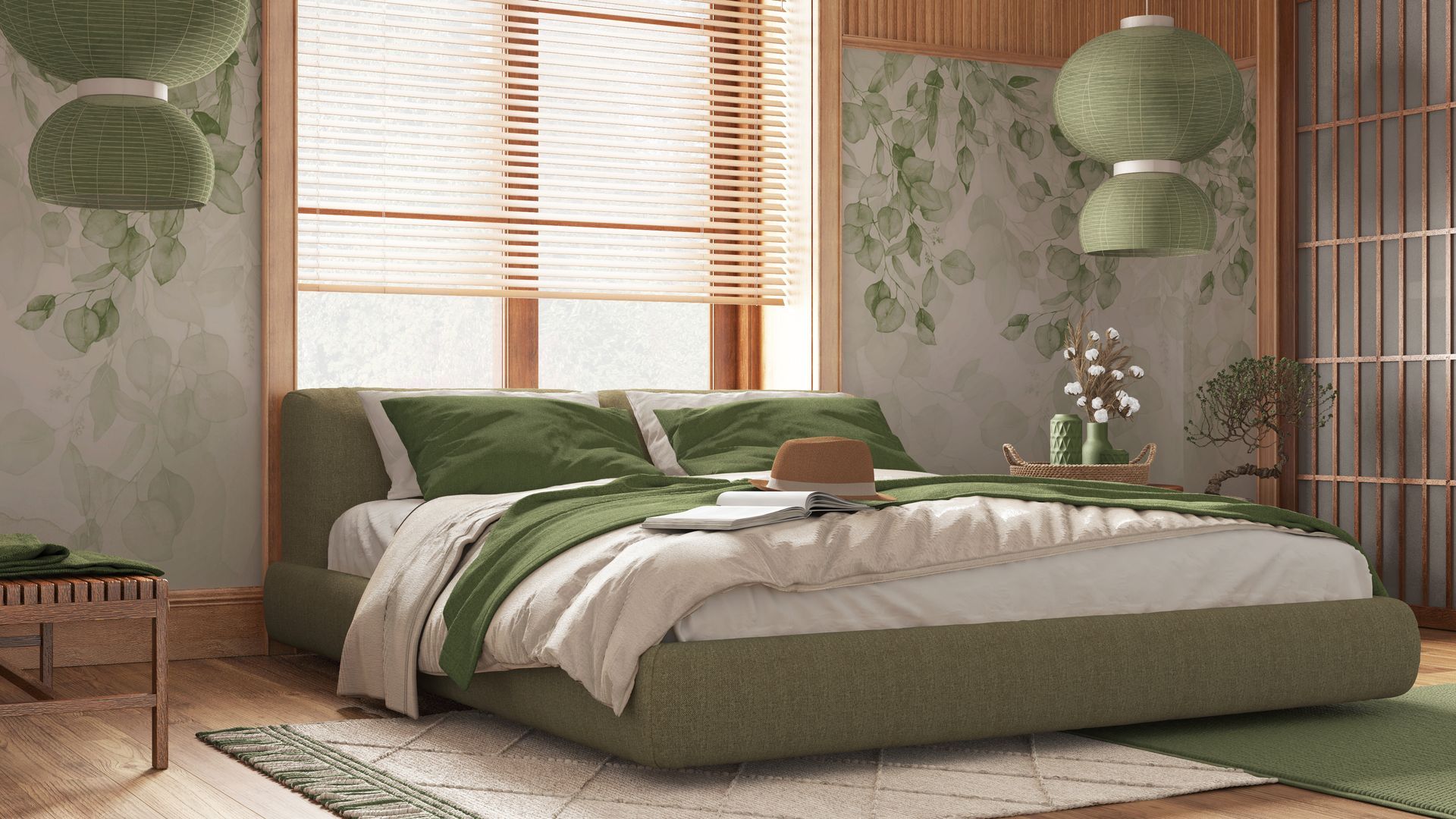 Chambre moderne avec un papier peint doté d'un imprimé végétal.