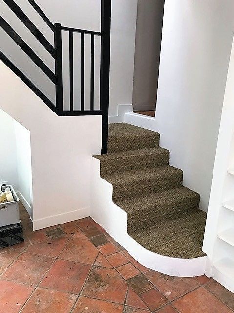 Escalier recouvert de moquette avec une rampe noire.