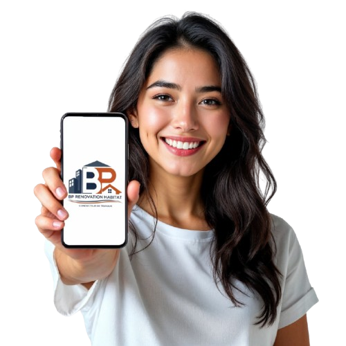 Femme souriante tenant un smartphone avec le logo BP Rénovation Habitat sur l'écran.