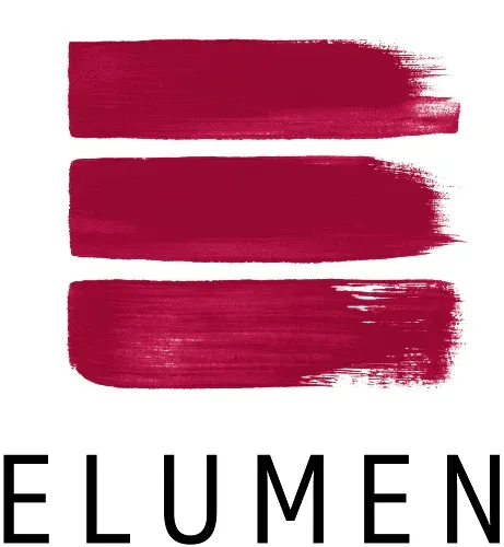Ein roter Pinselstrich mit dem Wort Elumen darunter