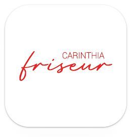 Logo für Carinthia Friseur, roter Schreibschrifttext auf weißem, abgerundetem, quadratischem Hintergrund.