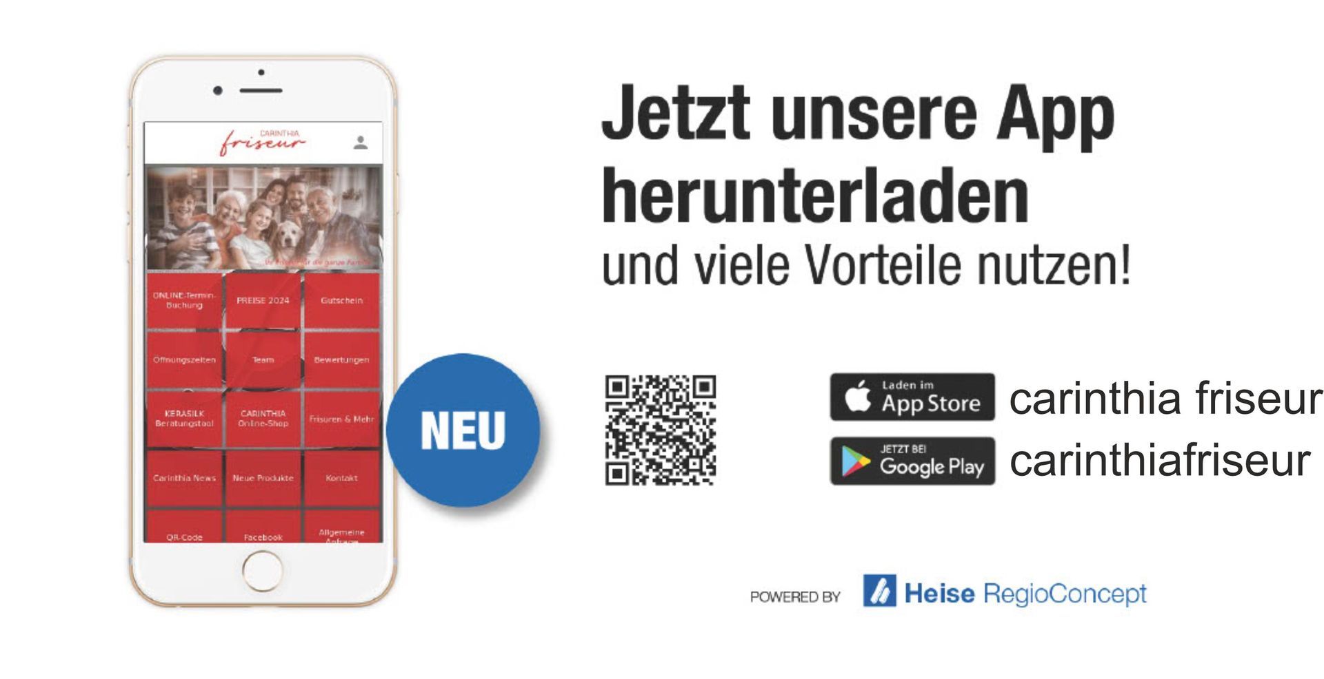 Ein Telefon mit einem QR-Code daneben, auf dem steht: „Jetzt unsere App herunterladen“