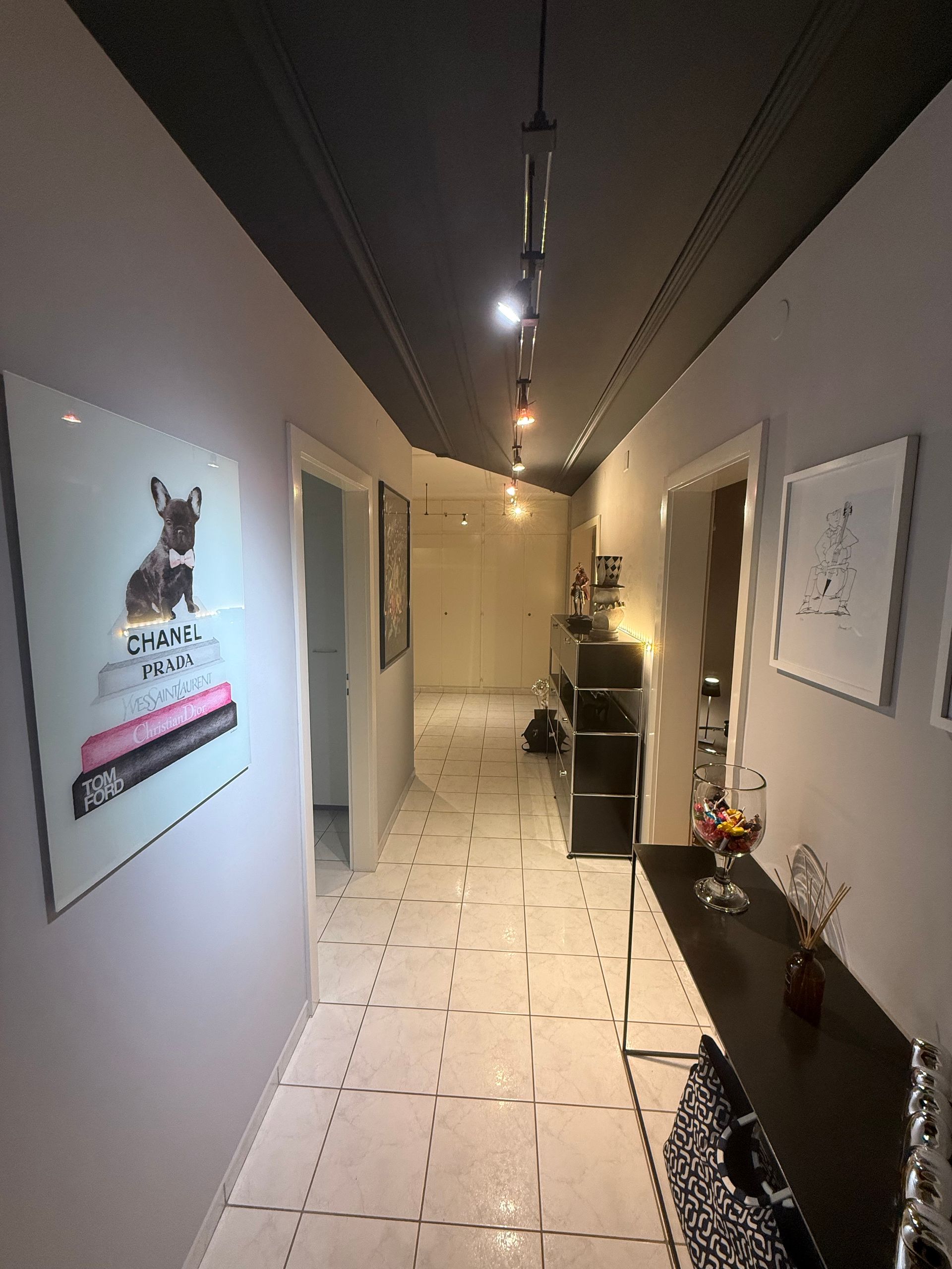 Ein langer Flur mit einem Hundebild an der Wand.