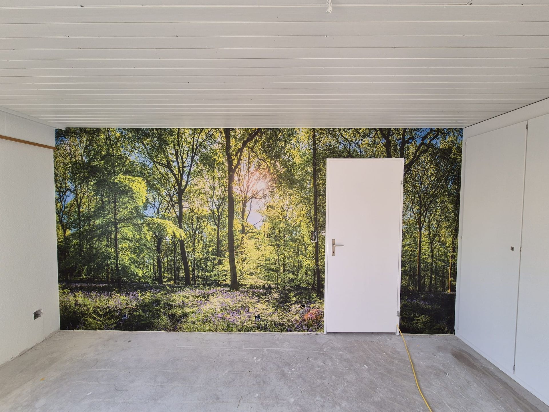 Ein Zimmer mit einem Bild von Bäumen an der Wand und einer Tür