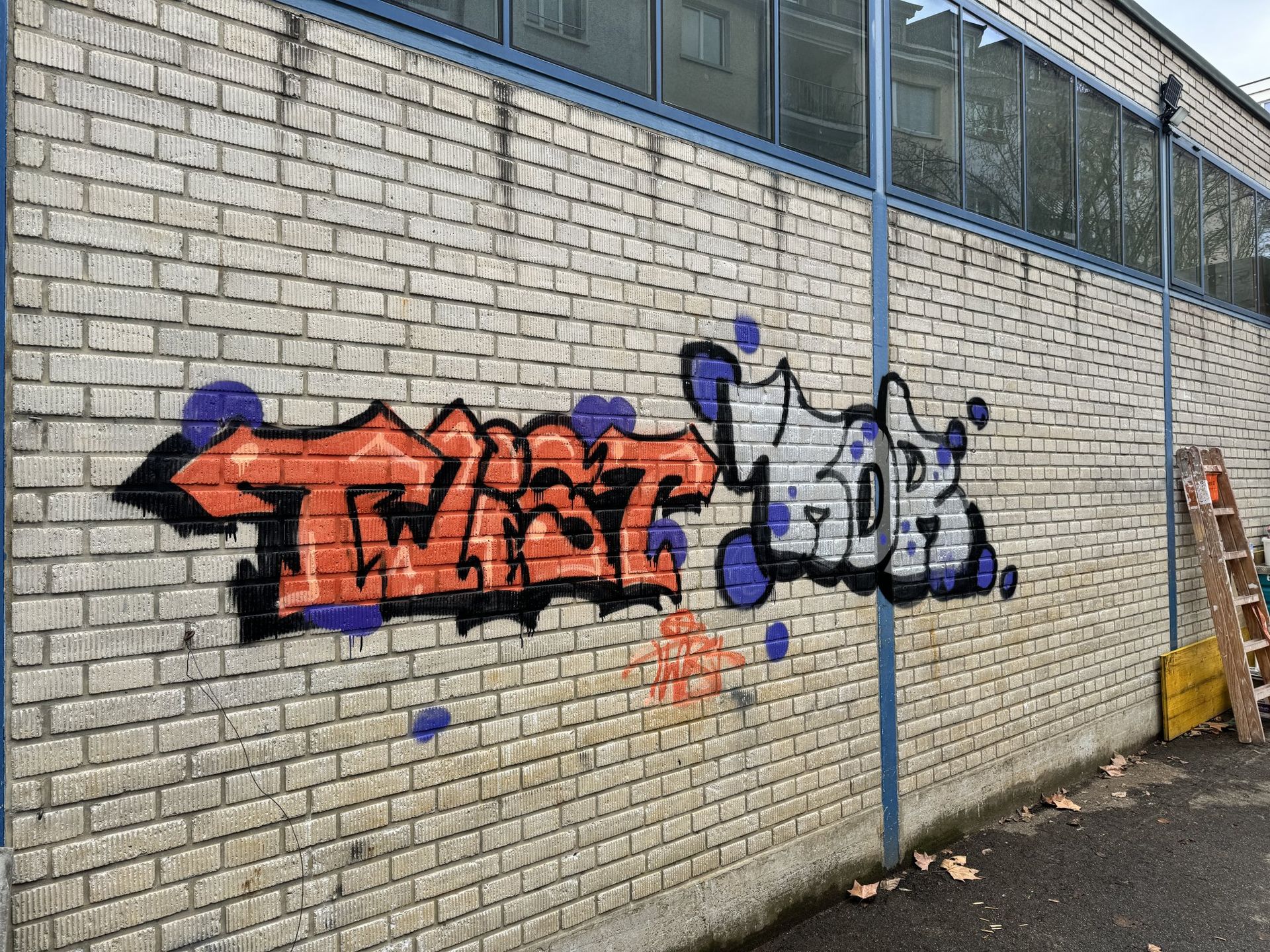 Eine Backsteinmauer mit einem Graffiti darauf, auf dem „Twist“ steht.