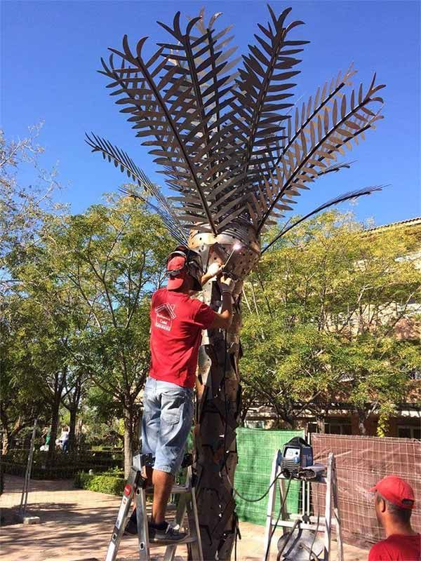 Un hombre está de pie en una escalera trabajando en una palmera.