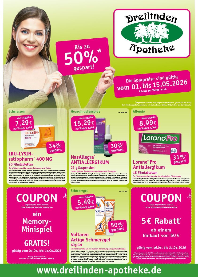 Werbung für die Breilinden Apotheke: Frau hält ein Schild mit 50 % Rabatt. Angebote für Medikamente und Gutscheine.