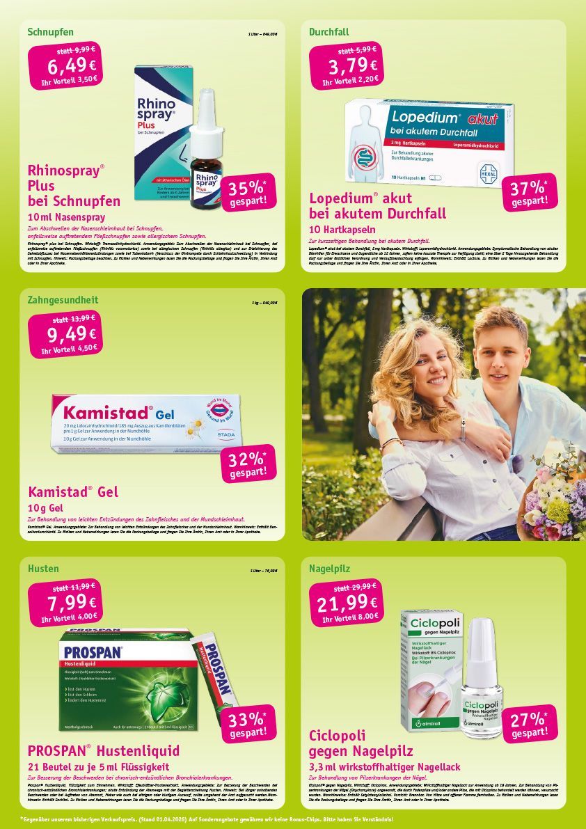 Werbung für verschiedene Medikamente. Frau und Kind halten Blumen.