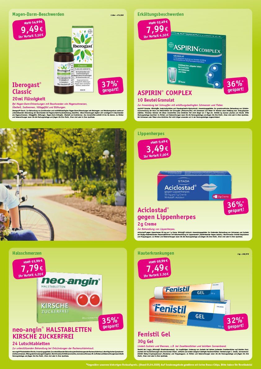 Grüne Werbung mit sechs abgebildeten Medikamentenpackungen und Preisangaben.