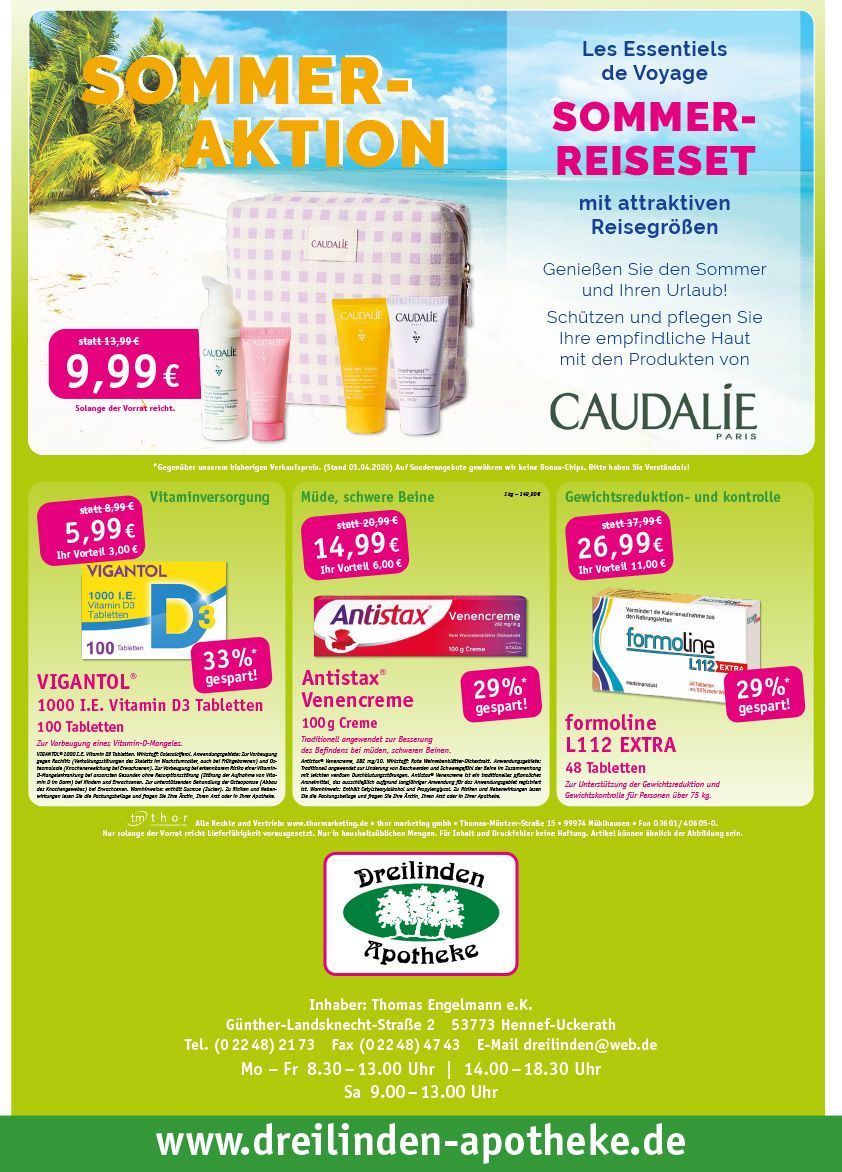 Werbeflyer für die Dreilinden Apotheke mit Produktrabatten und der Hautpflegelinie La Mer.
