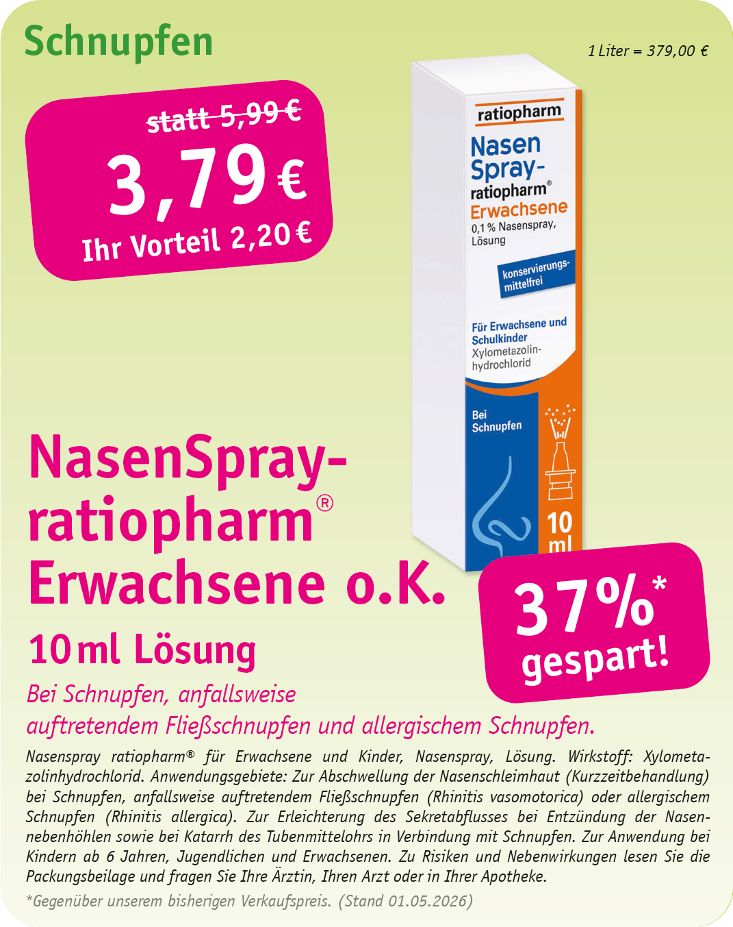 Werbung für Ibu-ratiopharm 400 mg Akut-Schmerztabletten. Weiße Schachtel mit Preisreduzierung von 7,49 € auf 4,99 €.