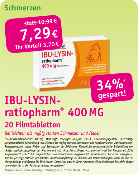 Werbung für Ibu-ratiopharm 400 mg Akut-Schmerztabletten. Weiße Schachtel mit Preisreduzierung von 7,49 € auf 4,99 €.