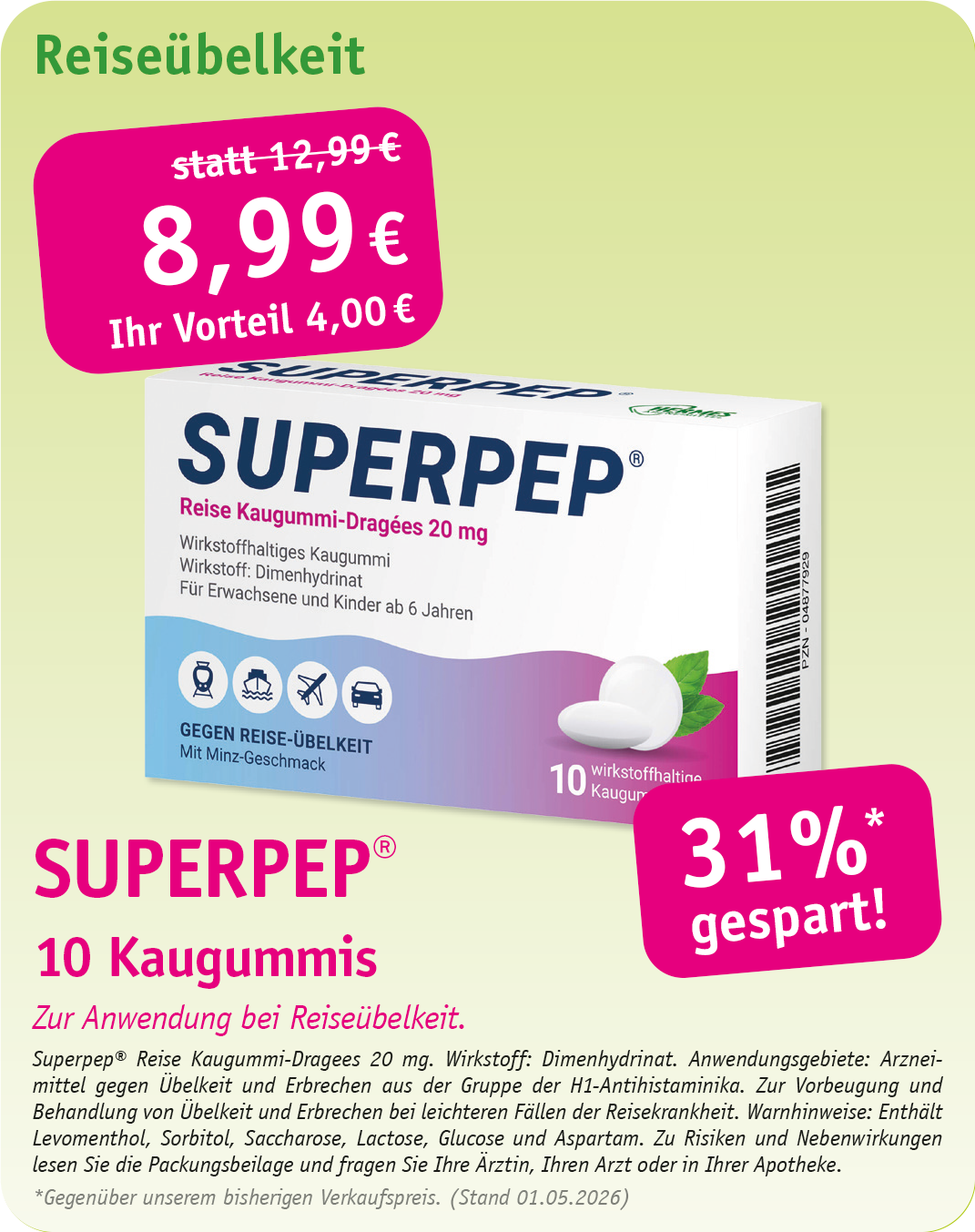Werbung für Bepanthen Wundheilungssalbe; weiße Tube mit blauem Text, 38 % Rabatt.