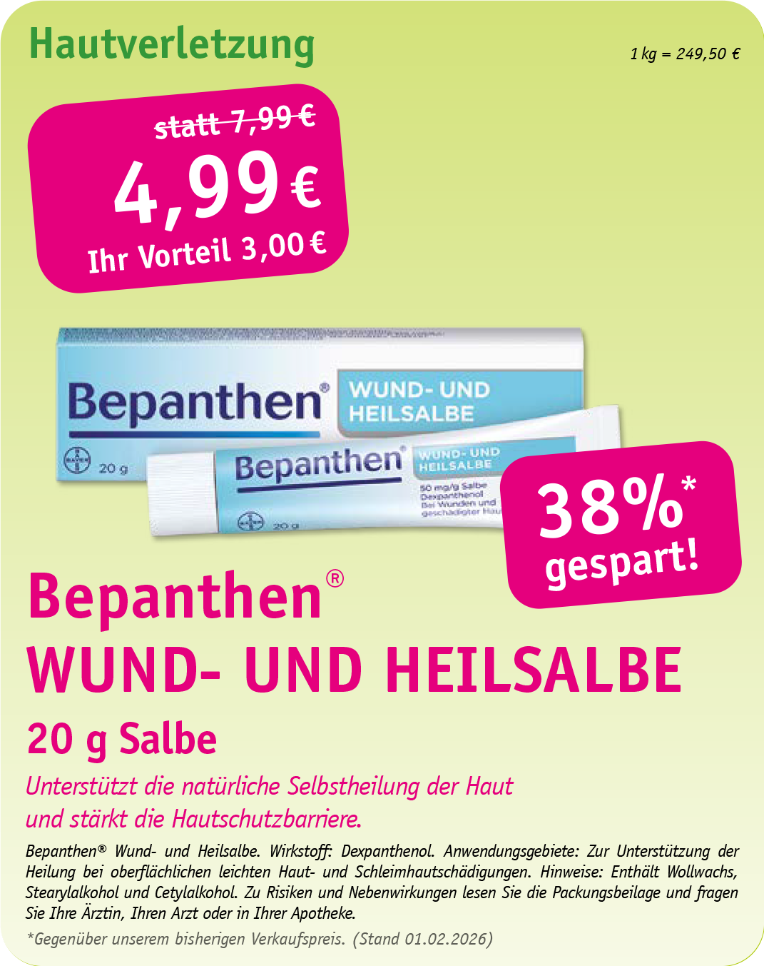 Werbung für Bepanthen Wundheilungssalbe; weiße Tube mit blauem Text, 38 % Rabatt.