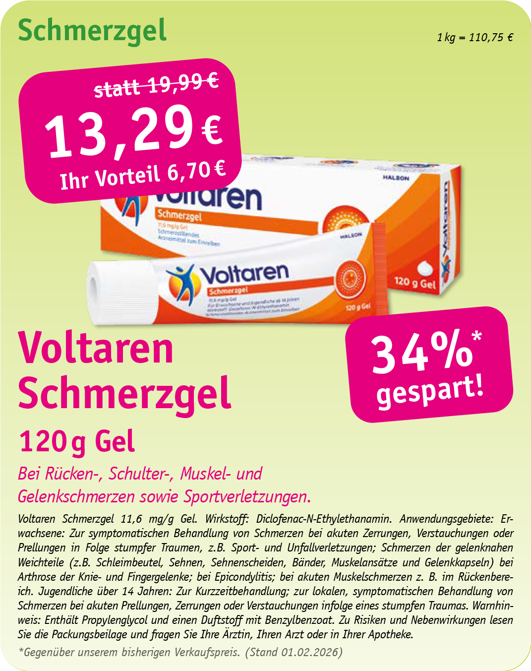 Werbung für Voltaren Schmerzgel, 120 g, zum Aktionspreis von 13,29 €, was einer Ersparnis von 34 % gegenüber dem Originalpreis entspricht.