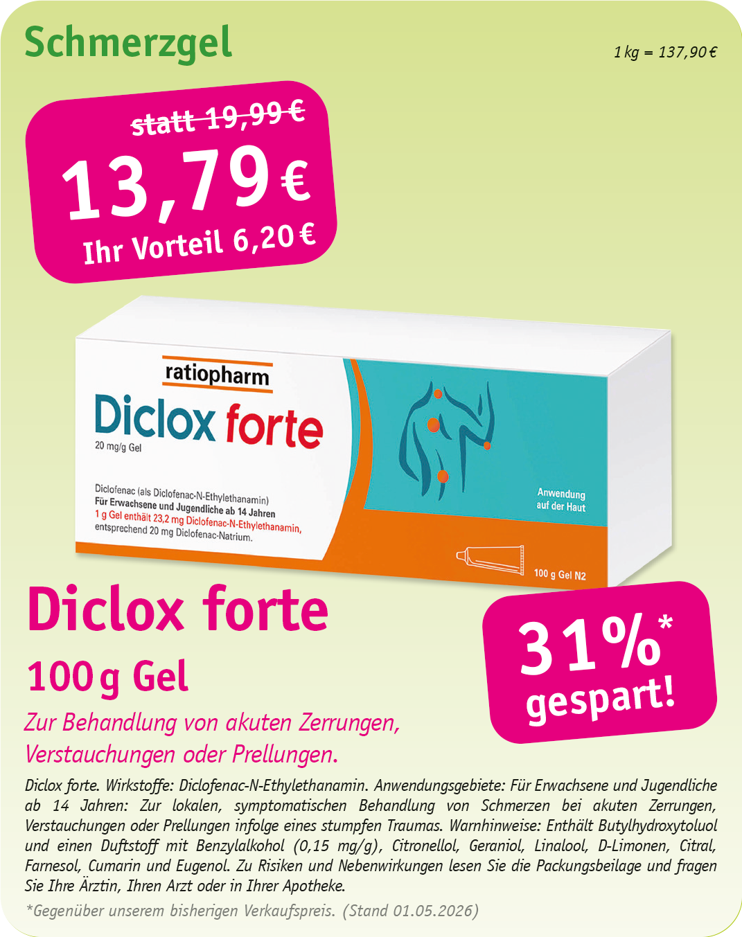 Werbung für Voltaren Schmerzgel, 120 g, zum Aktionspreis von 13,29 €, was einer Ersparnis von 34 % gegenüber dem Originalpreis entspricht.