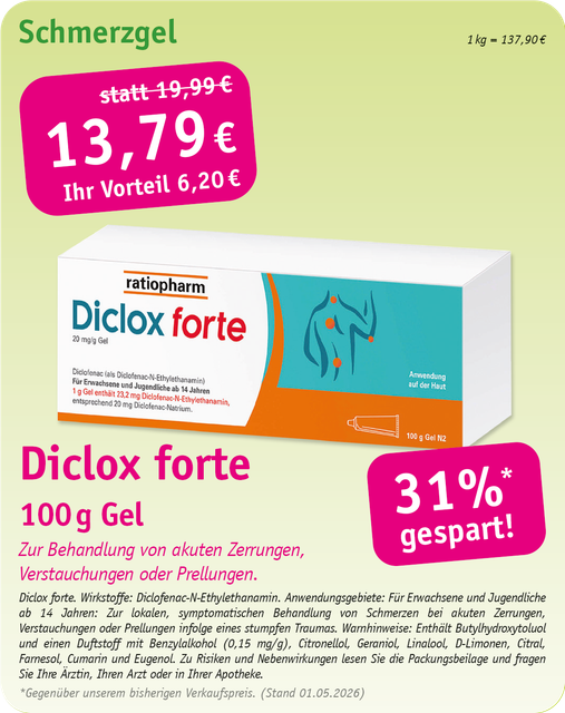 Werbung für Voltaren Schmerzgel, 120 g, zum Aktionspreis von 13,29 €, was einer Ersparnis von 34 % gegenüber dem Originalpreis entspricht.