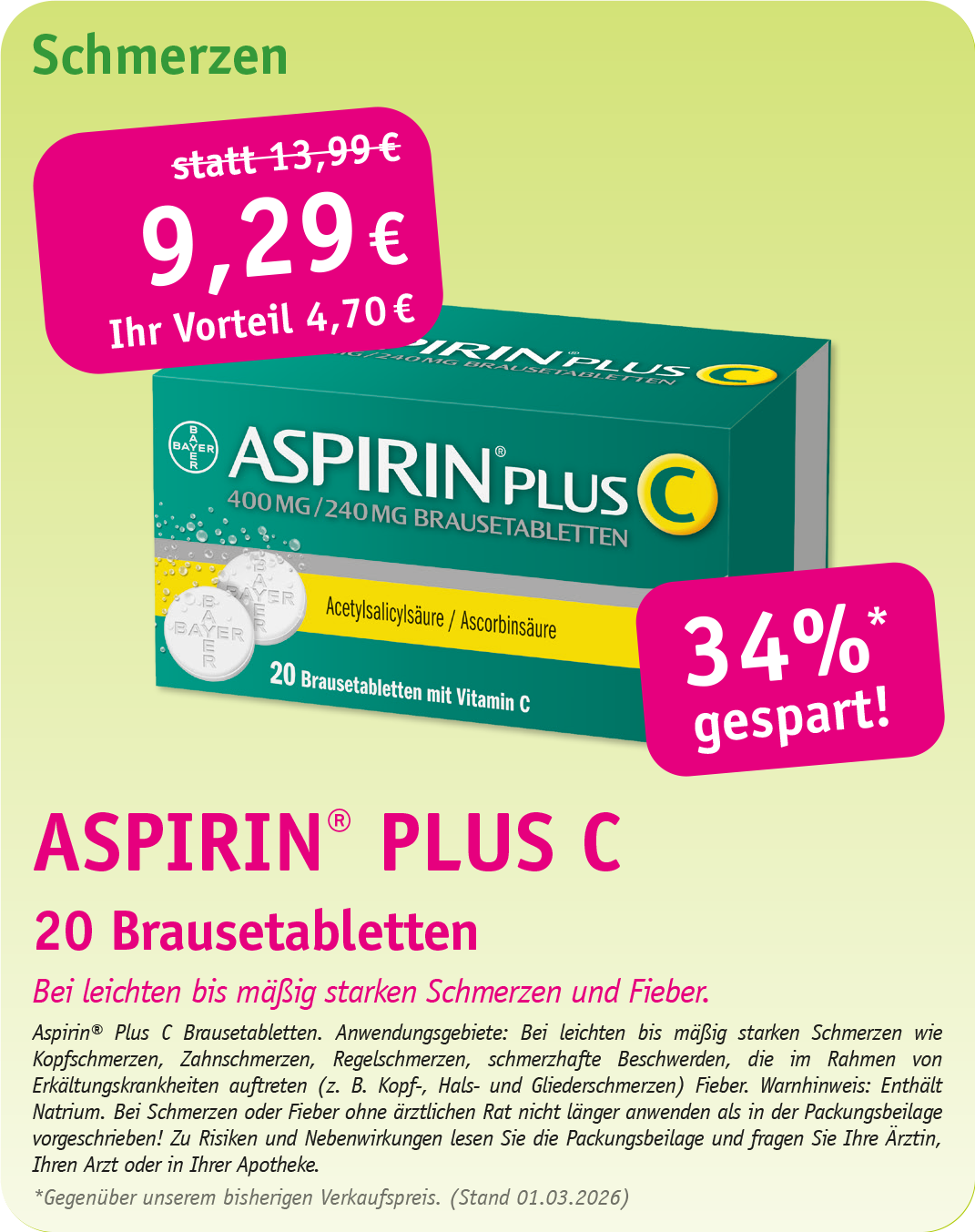 Werbung für Voltaren Schmerzgel, 120 g, zum Aktionspreis von 13,29 €, was einer Ersparnis von 34 % gegenüber dem Originalpreis entspricht.