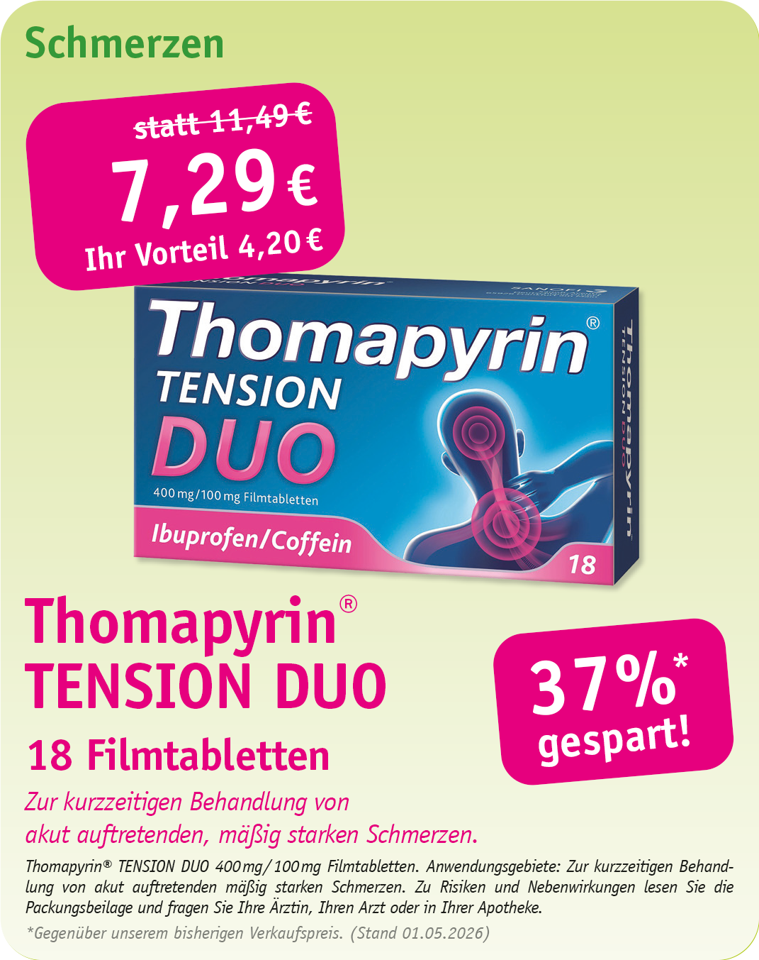 Werbung für Voltaren Schmerzgel, 120 g, zum Aktionspreis von 13,29 €, was einer Ersparnis von 34 % gegenüber dem Originalpreis entspricht.